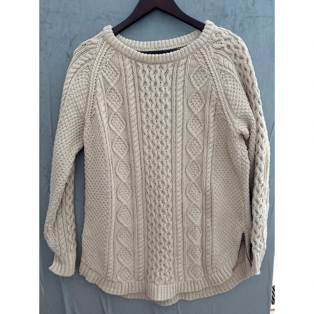 LL Bean Signature Fishermen Cable Knit Sweater Women L Cream Cottagecore Zipper